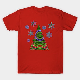Christmas Floral Kaleidoscope Blue Green and Red T-Shirt